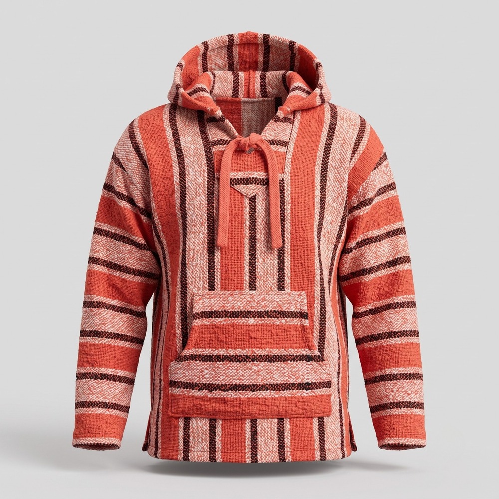 Artesanias Vega Unisex Large Red Striped Baja Hoodie Mexican Jerga Pullover